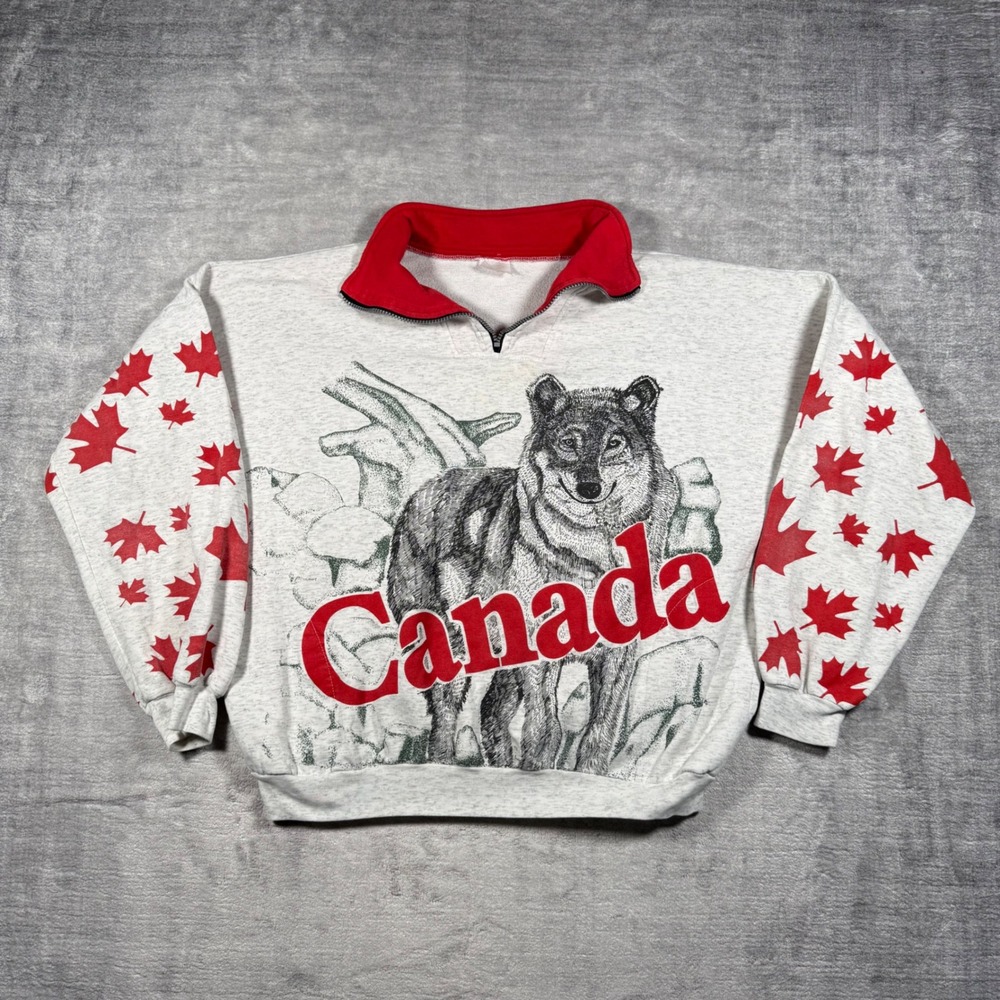 Vtg Nature Sweatshirt Men XL Gray Wolf Quarter Zip Canada Flag All Over Print
